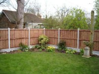 Garden fence with concrete posts and gravel boards, and wooden fencing panels.